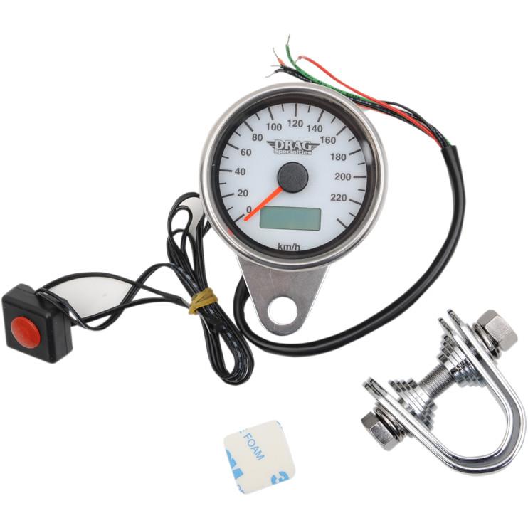 220 KM/H Mini Electronic Speedometer w/ Odometer/Tripmeter - Polished/White Face - 1.87in.