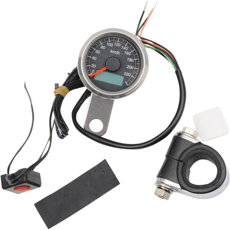 220 KM/H Mini Electronic Speedometer w/ Odometer/Tripmeter - Polished/Black Face - 2.37in.