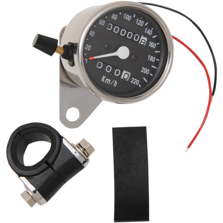 220 KM/H Mini Mechanical Speedometers w/ Chrome Housing - 2:1 Ratio w/ Black Face and Trip Meter