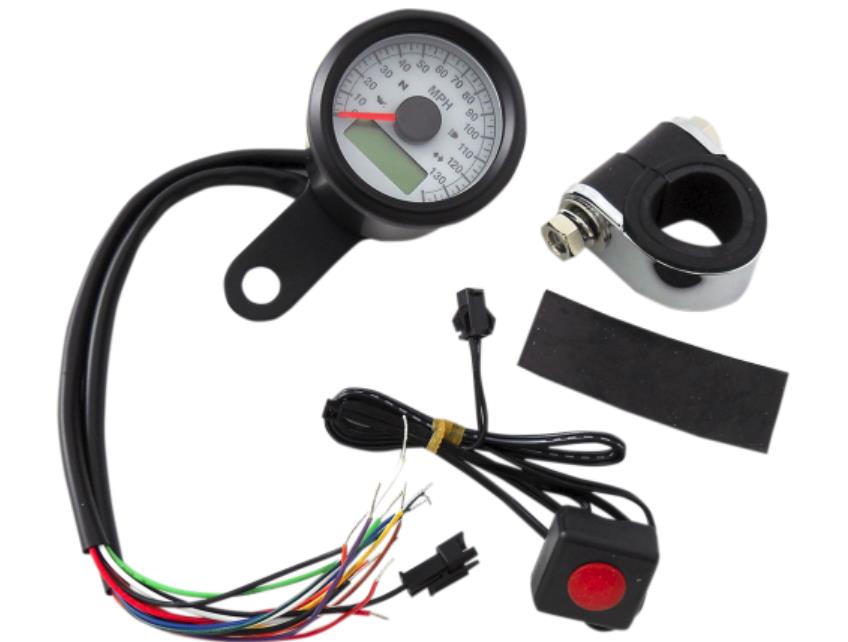 1-7/8in. Mini Programmable Electronic Speedometer w/ Indicator Lights - 120mph - White Face
