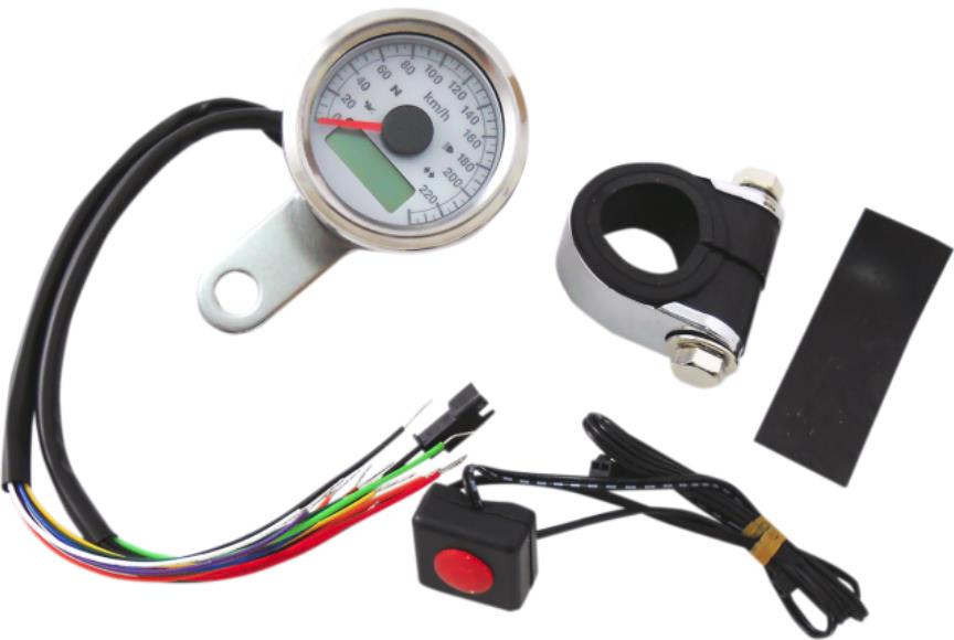 1-7/8in. Mini Programmable Electronic Speedometer w/ Indicator Lights - 220kph - White Face