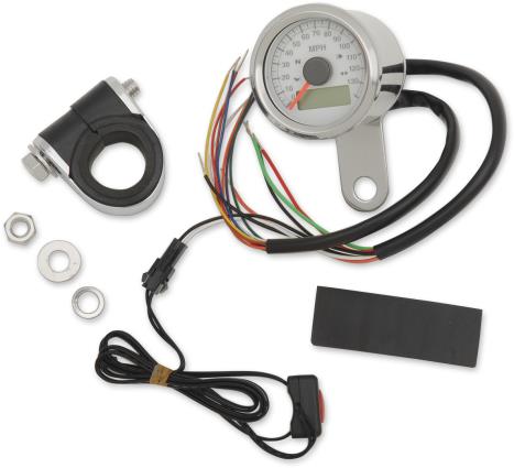 1-7/8in. Mini Programmable Electronic Speedometer w/ Indicator Lights - 120mph - White Face