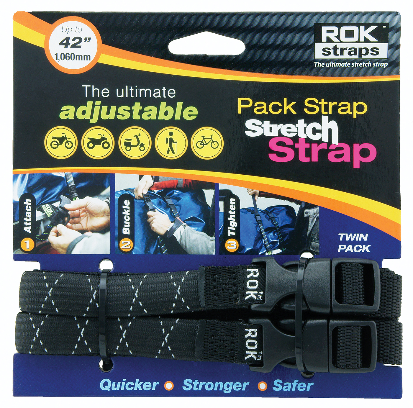 42in. Medium Duty Stretch Straps - Black with Reflective Stripes