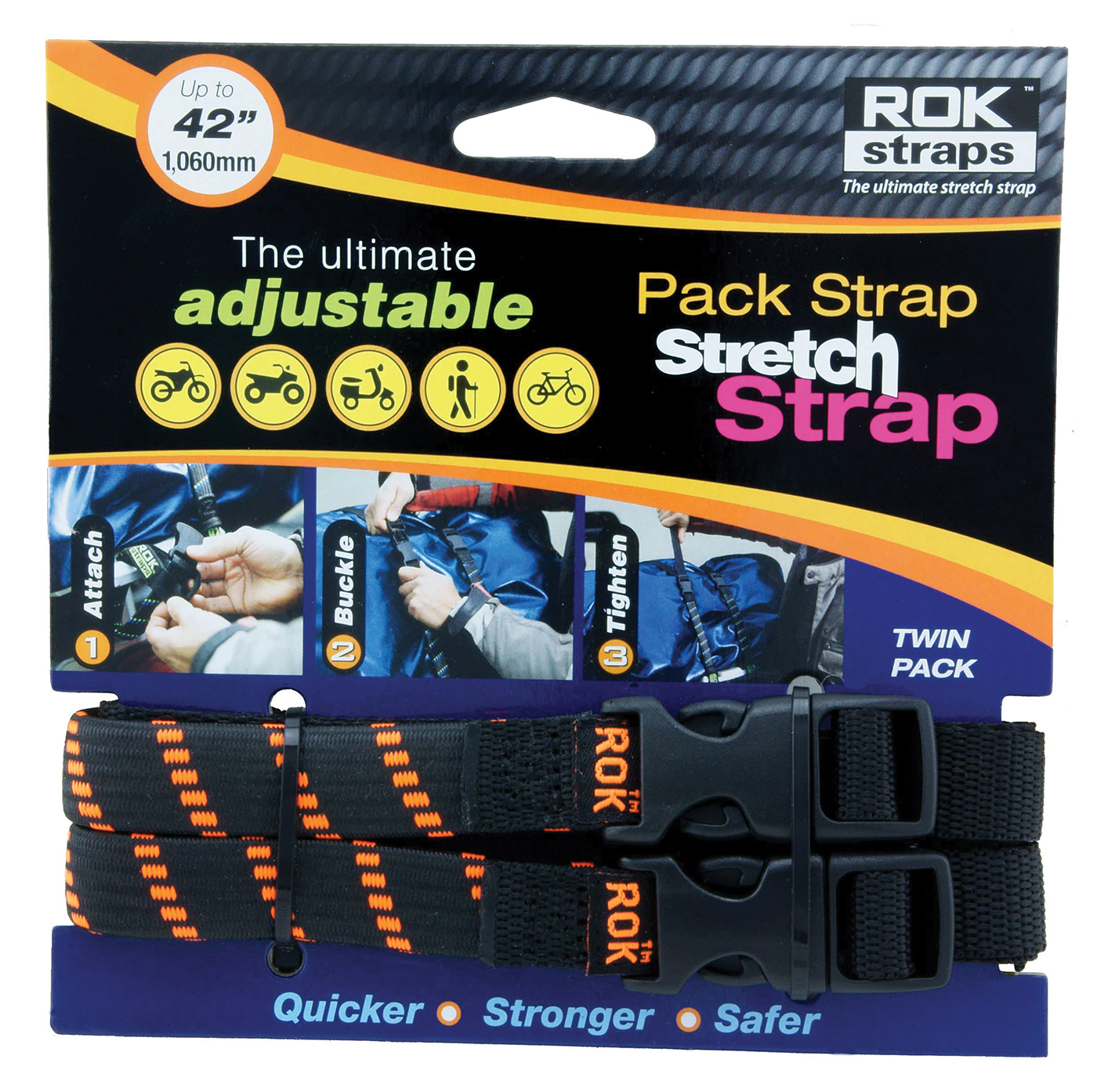 42in. Medium Duty Stretch Straps - Black with Orange Stripes