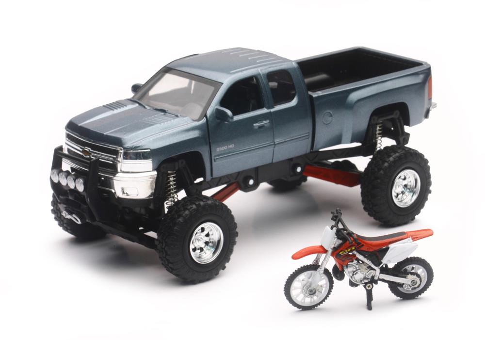 1:43 Scale Gray Chevy Silverado 4x4 with Honda Dirt Bike