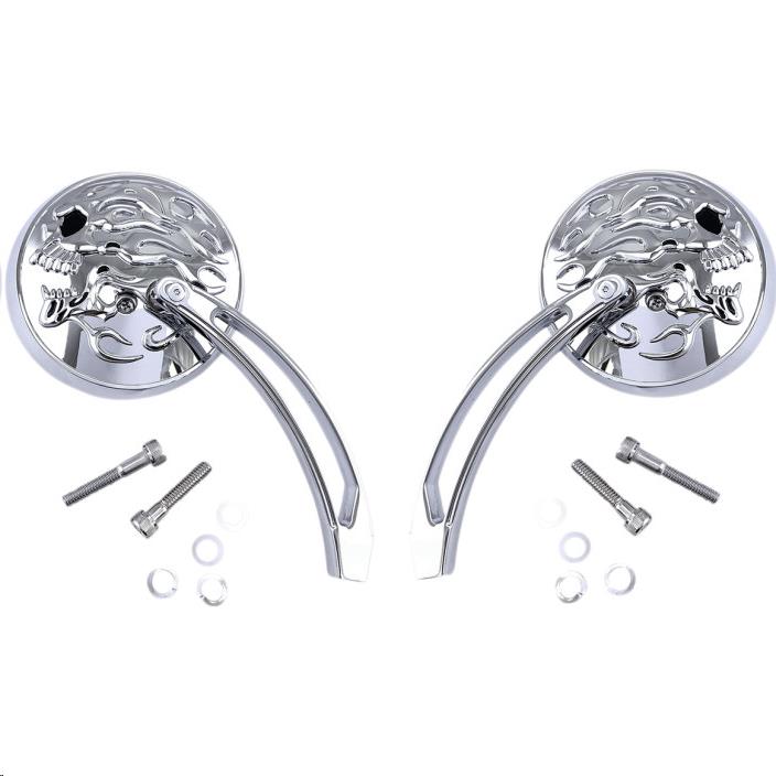 6in. Flaming Skull Slotted Stem Round Mirror - Chrome with Chrome Flaming Skull