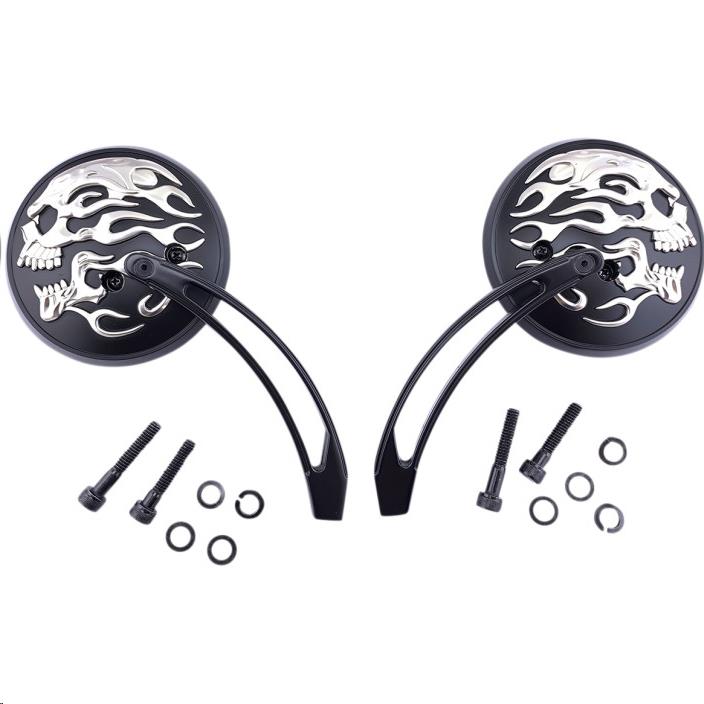 6in. Flaming Skull Slotted Stem Round Mirror - Matte Black with Silver Flaming Skull