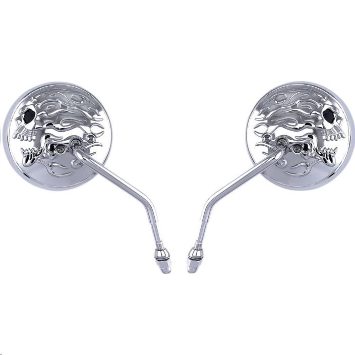 4in. Flaming Skull Round Mirror - Chrome with Chrome Flaming Skull