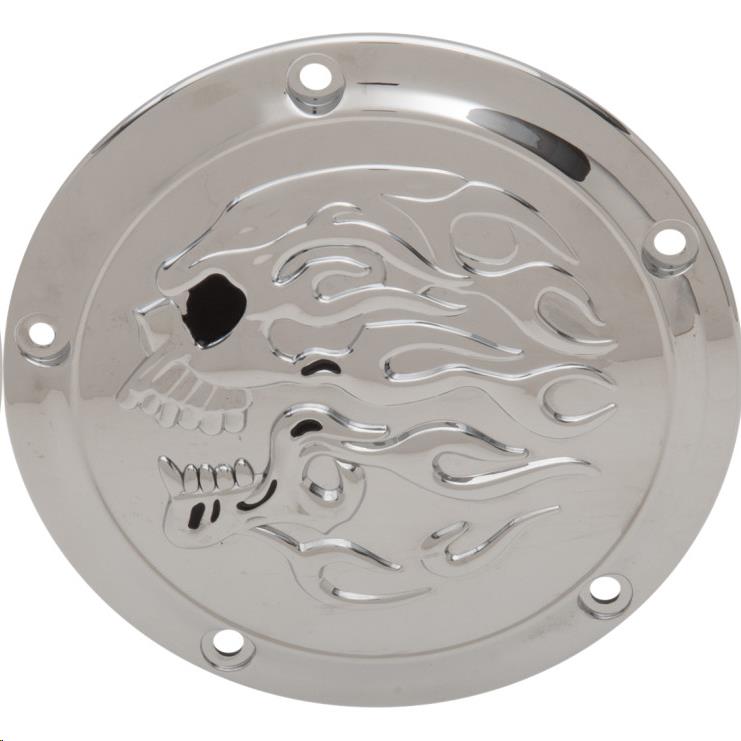 Flaming Skull Derby Cover - Chrome with Chrome Flaming Skull