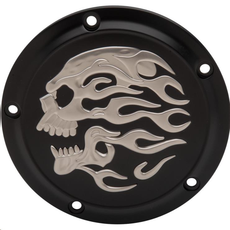 Flaming Skull Derby Cover - Matte Black with Silver Flaming Skull