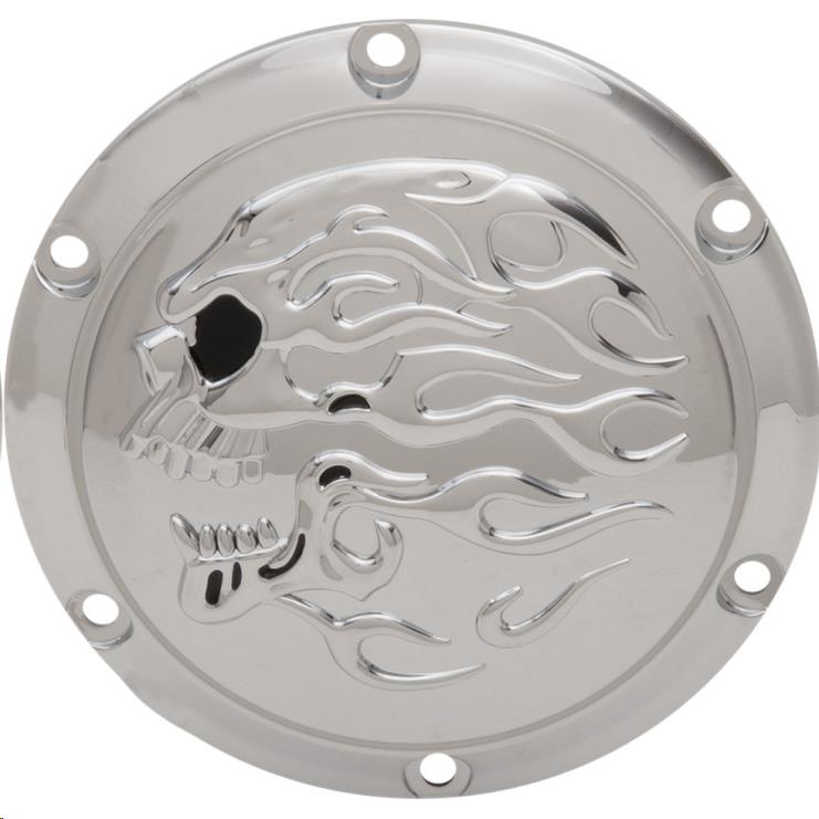 Flaming Skull Derby Cover - Chrome with Chrome Flaming Skull