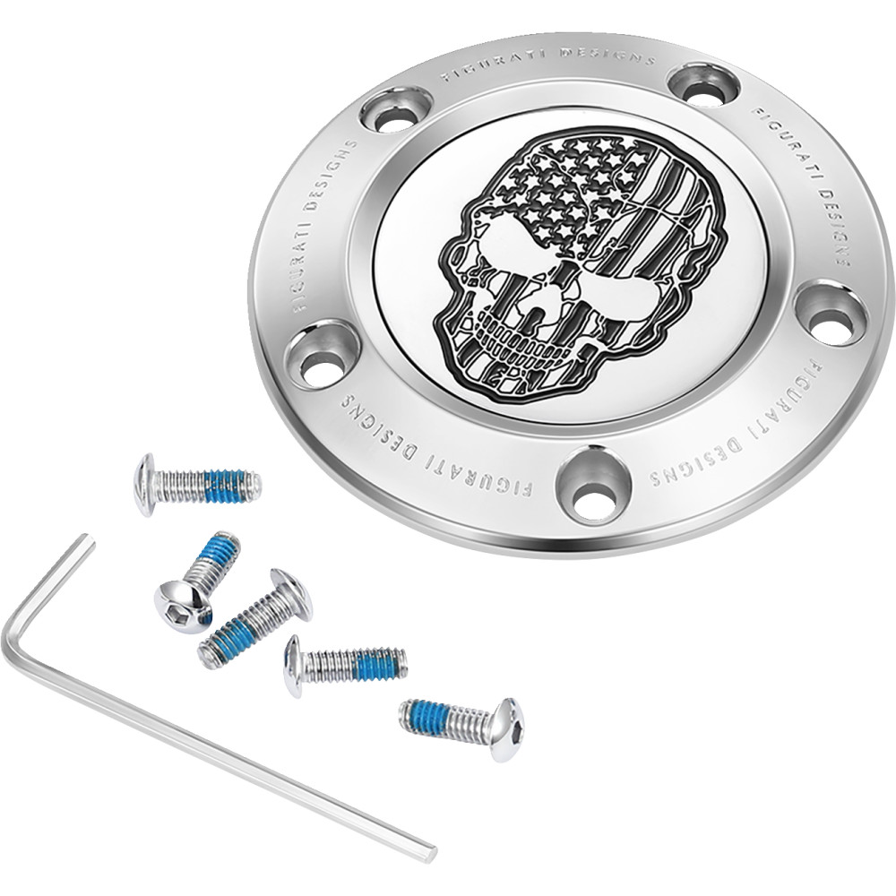 Timing Cover - Stainless Steel with Contrast Cut American Flag Skul - 5 Hole