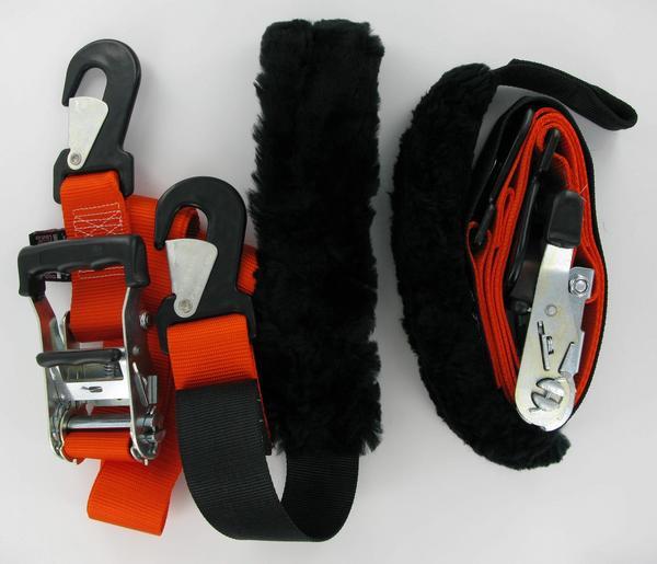 Big Daddys Tie-Downs - Ratchet with Two Snap-Hook Ends - Sewn-In Sheepskin - Orange