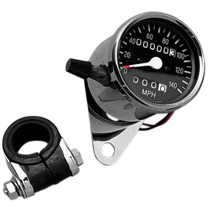2.4in. Mini Mechanical Speedometer - 140 MPH - 2:1 Ratio - Black Face and Tripmeter